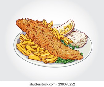 Hand drawn vector fish and chips with peas, tartar sauce and a slice of lemon on a plate.