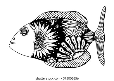 Hand drawn vector fish with floral elements in black and white doodle style. Pattern for coloring book
