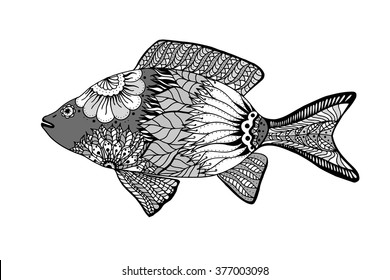 Hand drawn vector fish with floral elements in black and white doodle style. Pattern for coloring book