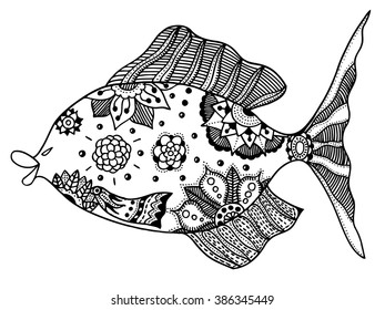 Hand drawn vector fish with floral elements in black and white doodle style. Pattern for coloring book