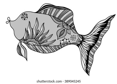 Hand drawn vector fish with floral elements in black and white doodle style. Pattern for coloring book