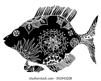 Hand drawn vector fish with floral elements in black and white doodle style. Pattern for coloring book