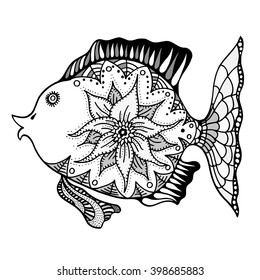 Hand drawn vector fish with floral elements in black and white doodle style. Pattern for coloring book
