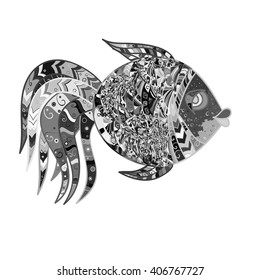 Hand drawn vector fish with floral elements in black and white doodle style. 