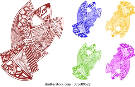 Hand drawn vector fish with graphic elements in dark red and white style. Four additional color schemes Pattern for coloring book