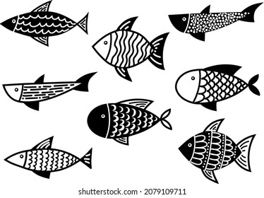 Hand drawn Vector Fish Set drawing in doodle style. Hand drawn Sketch with carp silhouettes. Black Outline on white background. Ocean and sea underwater life. Graphic for icon or logo