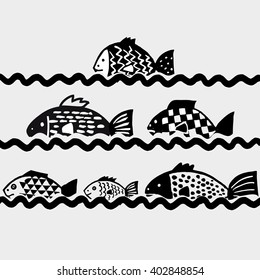 Hand drawn vector fishes swim in the wave in black and white doodle style