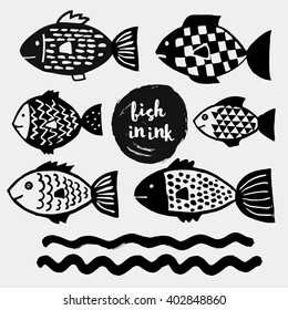 Hand drawn vector fishes and waves in black and white doodle style