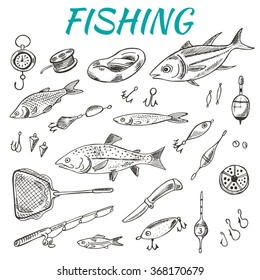 Hand drawn vector fishing icons set. Different fish, boat, net, float and other tackle.