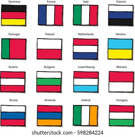 Hand drawn vector flag set. Europe countries.
