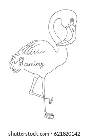 Hand drawn vector flamingo. Flamingo text. Black and white whiteboard drawing