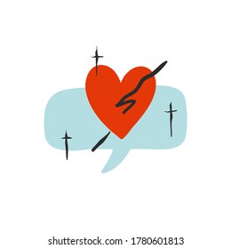 Gráfico gráfico abstracto vectorial plano dibujado a mano con burbuja de habla y forma cardíaca aislada en fondo blanco