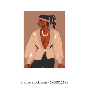 Hand drawn vector flat abstract stock graphic illustration with young happy,in summer outfit, african american beautiful modern male character avatar for social media isolated on white background