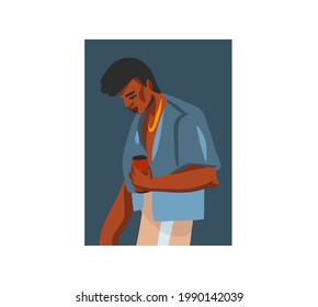 Hand drawn vector flat abstract stock graphic illustration with young happy,in summer outfit, african american beautiful modern male character avatar for social media isolated on white background