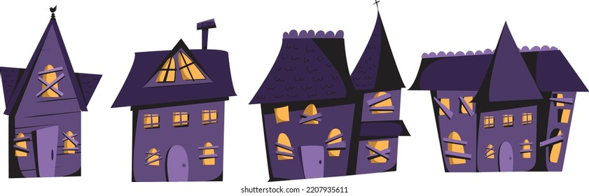 Hand drawn vector flat cartoon halloween haunted houses illustration.  