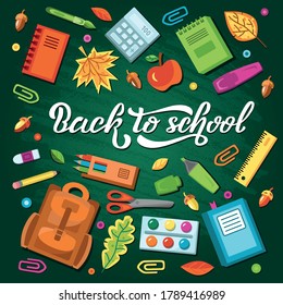 Hand drawn vector flat design illustration of color school supplies set with lettering Back To School for poster, announce, educational service, celebration, info messages, website, banner, template