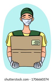 Hand drawn vector flat illustration. Portrait of courier in protective mask and gloves. Safe delivery. Character delivery man with a parcel. Colored cartoon drawing isolated on white. Simple doodles.