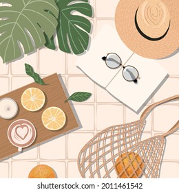 hand drawn vector flat illustration, summer relax time image, hat, orange, book, grasses, leaves on the table.