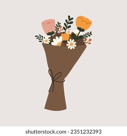 Hand drawn vector flat illustration element of a bouquet of mix assorted wild flower. Decorative element for card, postcard, sticker, banner, invitation, social media post