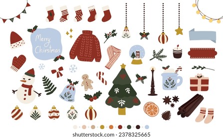 ilustración plano de vector a mano de un conjunto de paquetes de pegatinas de vibración navideña de navidad de invierno. Cute hygge motif elementos doodle colección en estilo plano. póster de invierno, tarjeta, scrapbooking, invitación