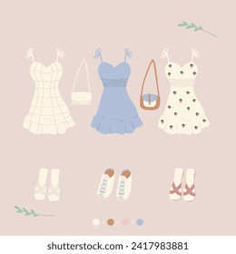 hand drawn vector flat illustration set of spring fashion concept sticker pack. Cute elements doodle collection. For card, scrapbooking, tag, invitation, banner, graphic resource, social media, prints