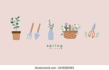 hand drawn vector flat illustration set of spring season holiday. Cute elements doodle collection. For poster, card, scrapbookin , tag, invitation, headboard, banner, graphic resource, social media