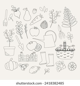 hand drawn vector flat illustration of monochrome black and white line gardening doodle spring horticulture elements set. For poster, card, scrapbooking, invitation, graphic