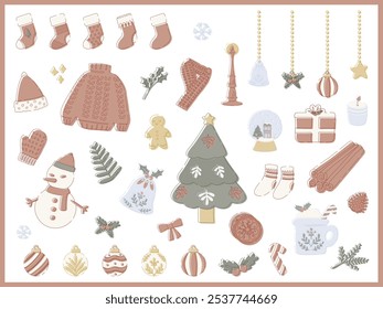 hand drawn vector flat illustration of a set of winter christmas holiday collection. Cute hygge motif elements doodle collection in flat style. for winter poster, card, scrapbooking, invitation