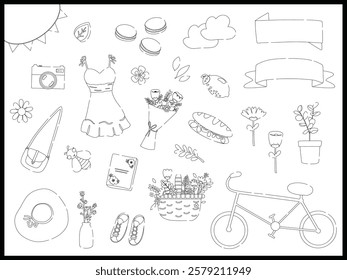 hand drawn vector flat illustration set of monochrome line spring season holiday. Cute elements doodle collection in flat style. for poster, card, invitation, graphic resource, social media, print