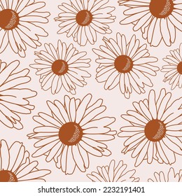 Hand drawn vector flat linear chamomile pattern on beige backround. Template for brand identity of your company. Background and texture, print.