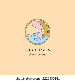 Hand drawn vector flat moon logo with sea waves, star and sun rays in circle frame on beige background. Trendy vector illustration. Mystic, esoteric, magic, alchemy concept in boho abstract style.