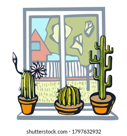 Hand drawn vector flat windows with landscape and cactus. Hand drawn ink illustration. Modern ornamental decorative background. Vector pattern. Print for textile, cloth, wallpaper, scrapbooking