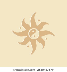 Símbolo yin yang plano vetor desenhado à mão inscrito em um sol abstrato. Ilustração gráfica simples com elemento celeste em cores pastel.