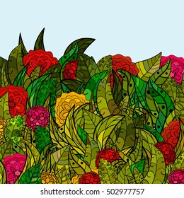 hand drawn vector floral background with leaves and flowers