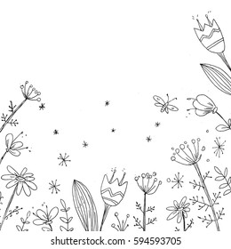 Hand drawn vector floral background. Simple doodle flowers. Black and white. Cute doodle