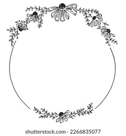Hand drawn vector floral border black and white floral wreath for wedding invitation