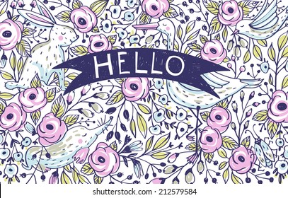 hand drawn vector floral card with roses and cute animals