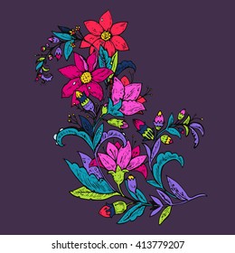 Hand drawn vector floral decorative vintage branch. 