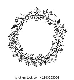 Hand drawn vector Floral Doodle Round Frame. Floral Wreath with flowers, leaves, branches, and others.