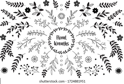 Hand drawn vector floral elements. Branches and leaves. Herbs and plants collection. Vintage botanical illustrations and floral wreaths.
