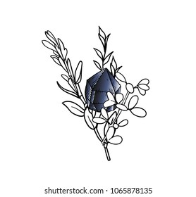 Hand drawn vector floral frame with leaves, flowers, feathers and gems. Sketch style. Borders. Ink illustration frame. Linear art.