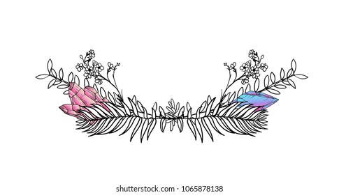 Hand drawn vector floral frame with leaves, flowers, feathers and gems. Sketch style. Borders. Ink illustration frame. Linear art.
