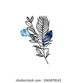Hand drawn vector floral frame with leaves, flowers, feathers and gems. Sketch style. Borders. Ink illustration frame. Linear art.