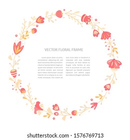 Hand drawn vector floral frame template. Floral doodle illustration with space for text. Decor for invitations, greeting cards, posters, design elements.