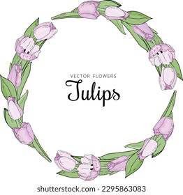 Hand drawn vector floral frame with pink flowers tulips, branch and leaves. Elegant logo template.