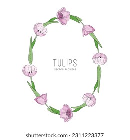 Hand drawn vector floral frame with pink flowers tulips, branch and leaves. Elegant logo template.