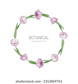 Enfoque floral vector dibujado a mano con tulipanes de flores rosadas, rama y hojas. Elegante plantilla de logotipo.