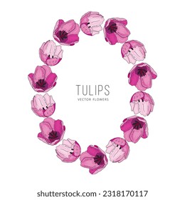 Hand drawn vector floral frame with pink flowers tulips. Elegant logo template.