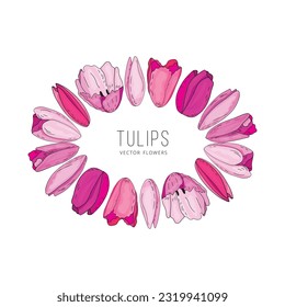 Hand drawn vector floral frame with pink flowers tulips. Elegant logo template.