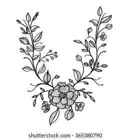 hand drawn vector floral frame with flowers and leaves, buds and twigs